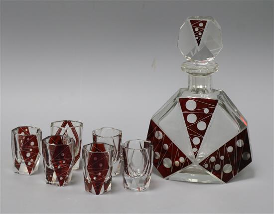 An Art Deco decanter and six glasses decanter height 22cm